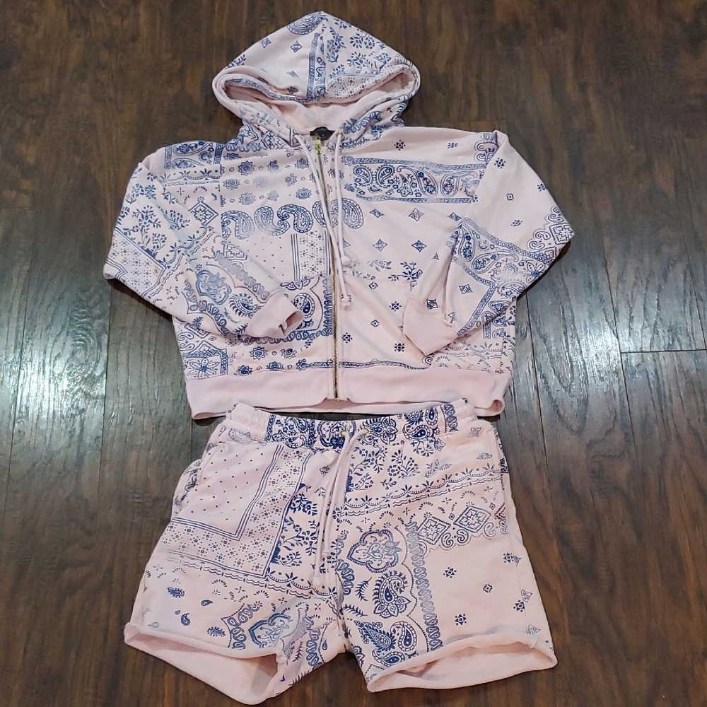J. Crew Pink Hoodie and Short with Blue Paisley and Gold Zipper Matching Set